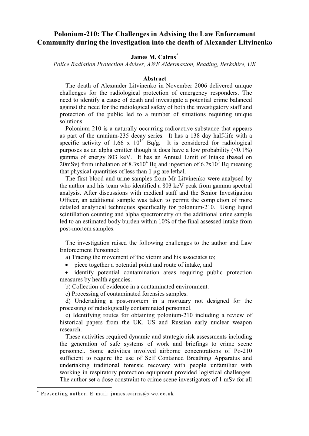 Polonium-210: the Challenges in Advising the Law Enforcement Community During the Investigation Into the Death of Alexander Litvinenko