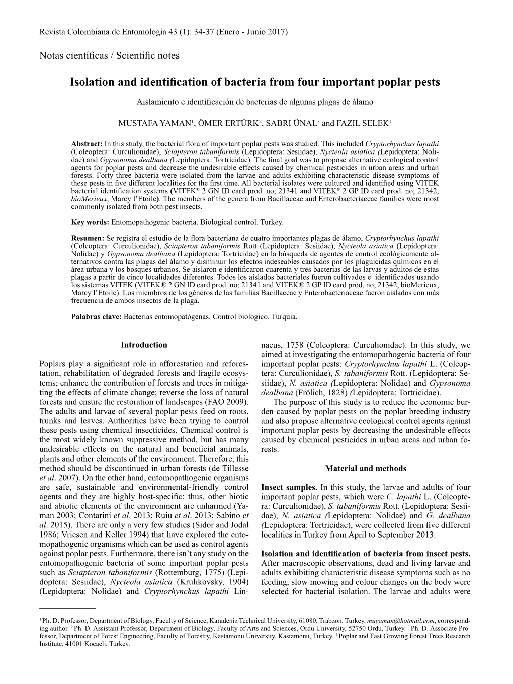 Isolation and Identification of Bacteria from Four Important Poplar Pests