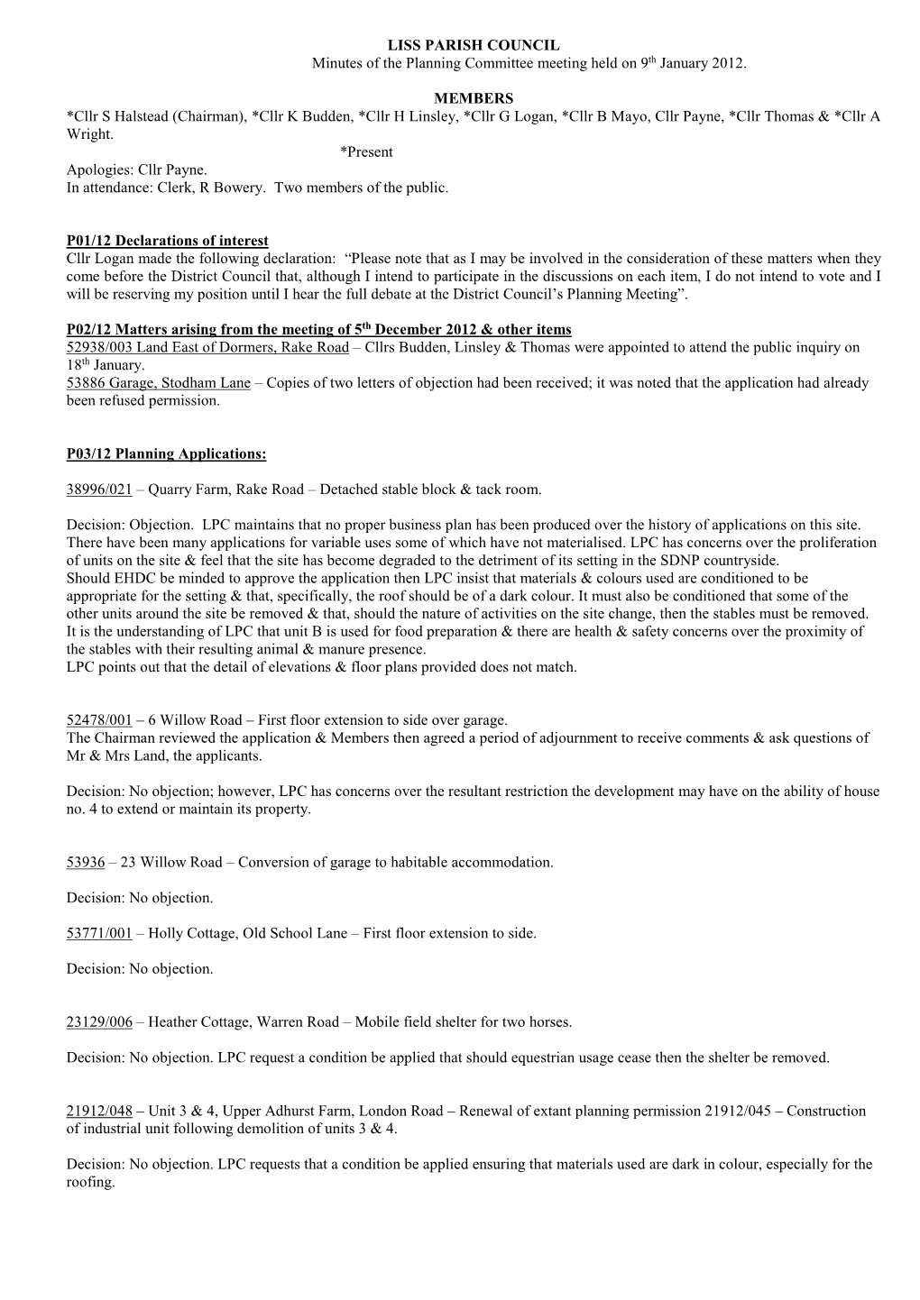 LISS PARISH COUNCIL Minutes of the Planning Committee Meeting Held on 9Th January 2012. MEMBERS *Cllr S Halstead (Chairman)