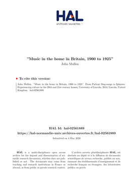 ''Music in the Home in Britain, 1900 to 1925''
