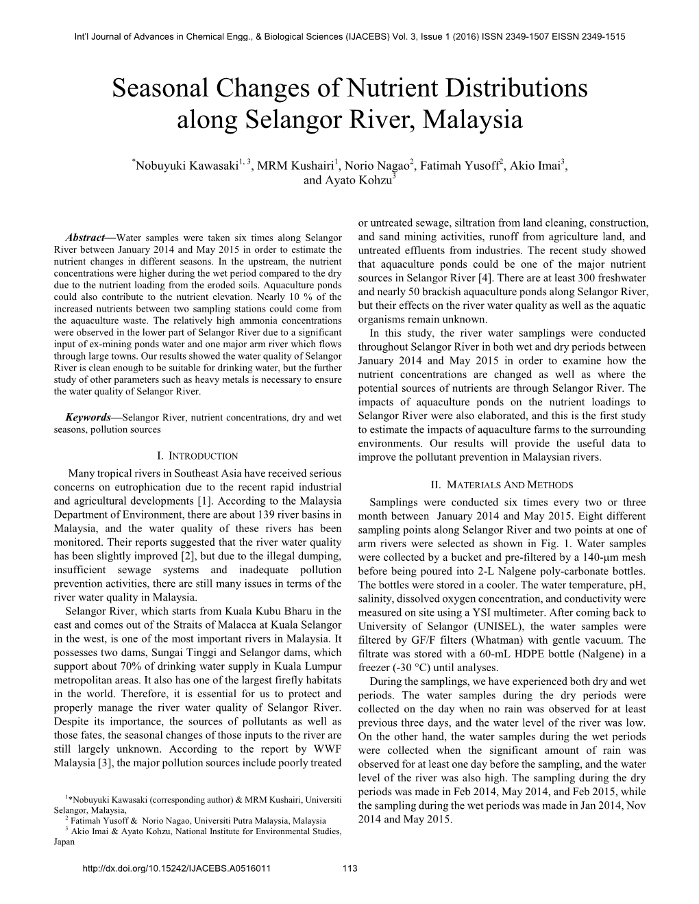 Seasonal Changes of Nutrient Distributions Along Selangor River, Malaysia