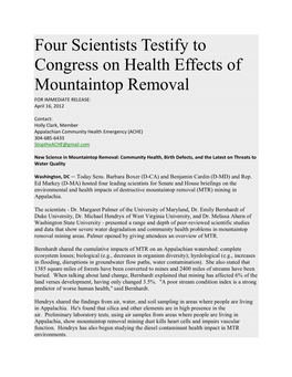 Four Scientists Testify to Congress on Health Effects of Mountaintop Removal for IMMEDIATE RELEASE: April 16, 2012