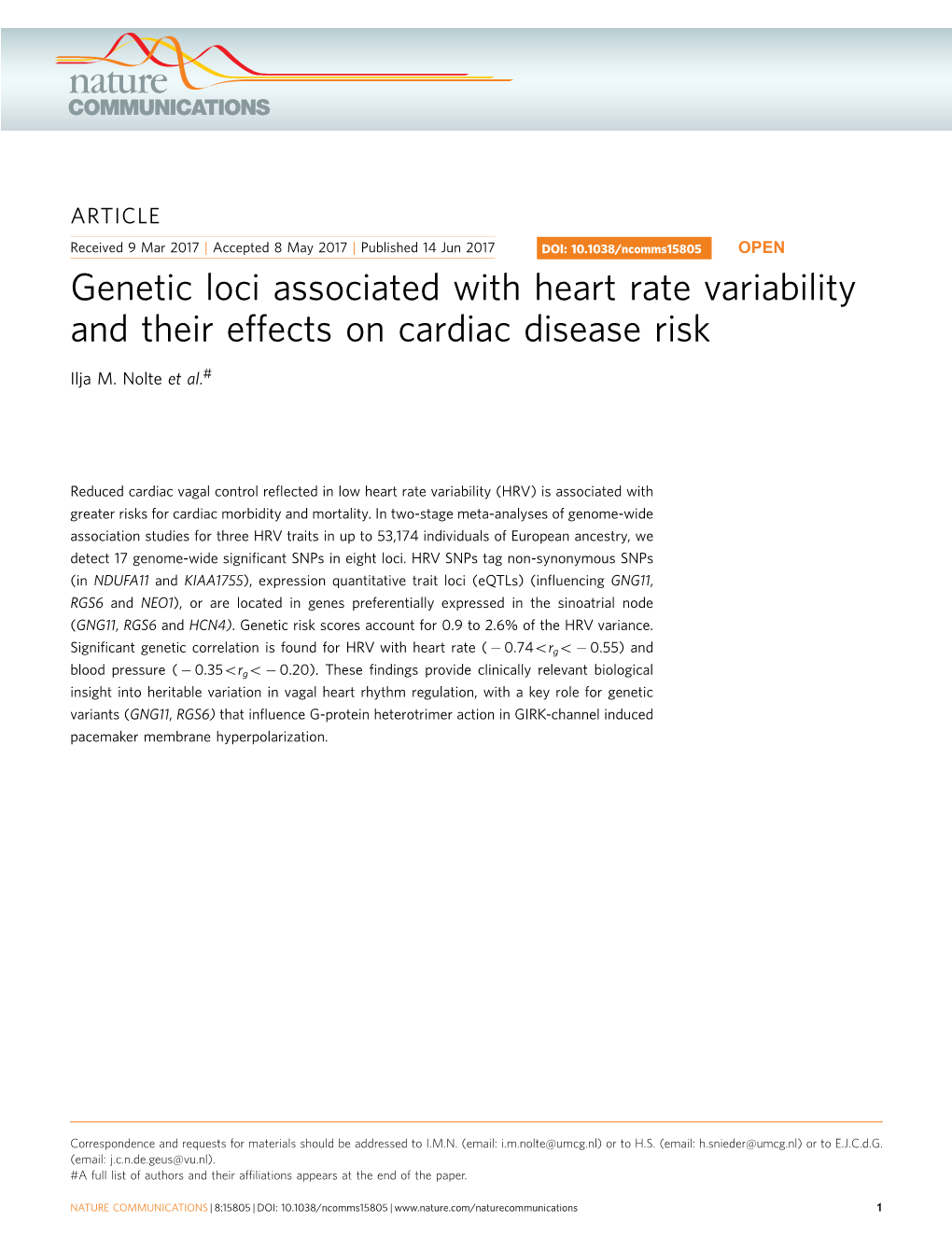 Genetic Loci Associated with Heart Rate Variability and Their Effects on Cardiac Disease Risk