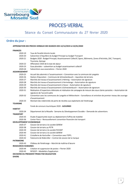 PROCES-VERBAL Séance Du Conseil Communautaire Du 27 Février 2020