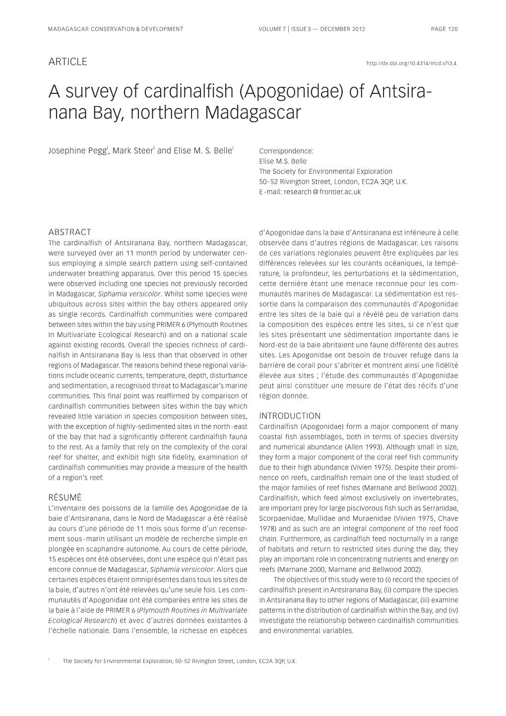 A Survey of Cardinalfish (Apogonidae) of Antsira- Nana Bay, Northern Madagascar