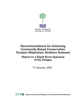 Recommendations for Achieving Community Based Conservation Tondano Watershed, Northern Sulawesi Report on a Rapid Rural Appraisal of Six Villages