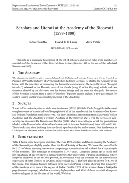 Scholars and Literati at the Academy of the Ricovrati (1599–1800)