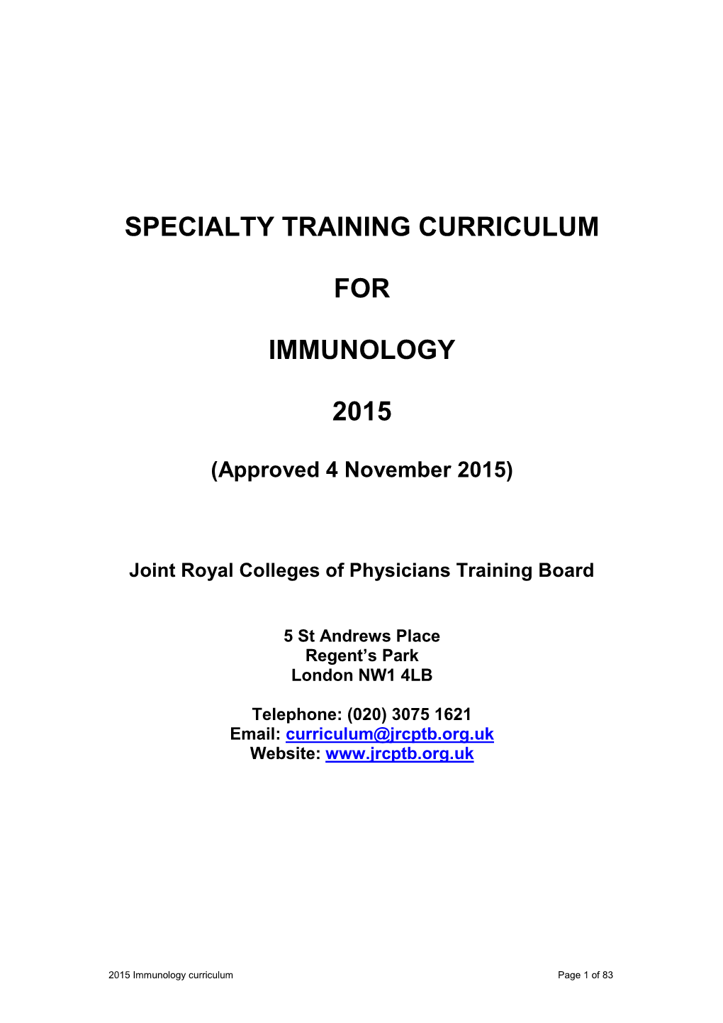 Specialty Training Curriculum for Immunology 2015