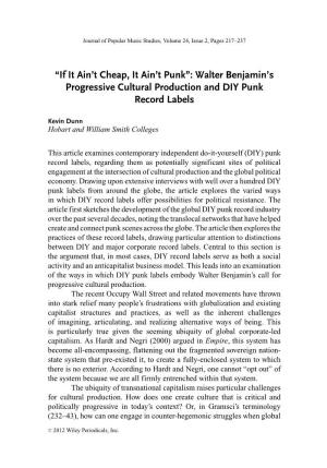 Walter Benjamin's Progressive Cultural Production and DIY Punk