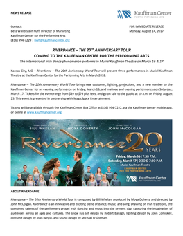 Riverdance – the 20Th Anniversary Tour Coming to the Kauffman Center for the Performing Arts