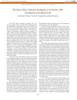 The Hector Mine, California, Earthquake of 16 October 1999: Introduction to the Special Issue by Michael J