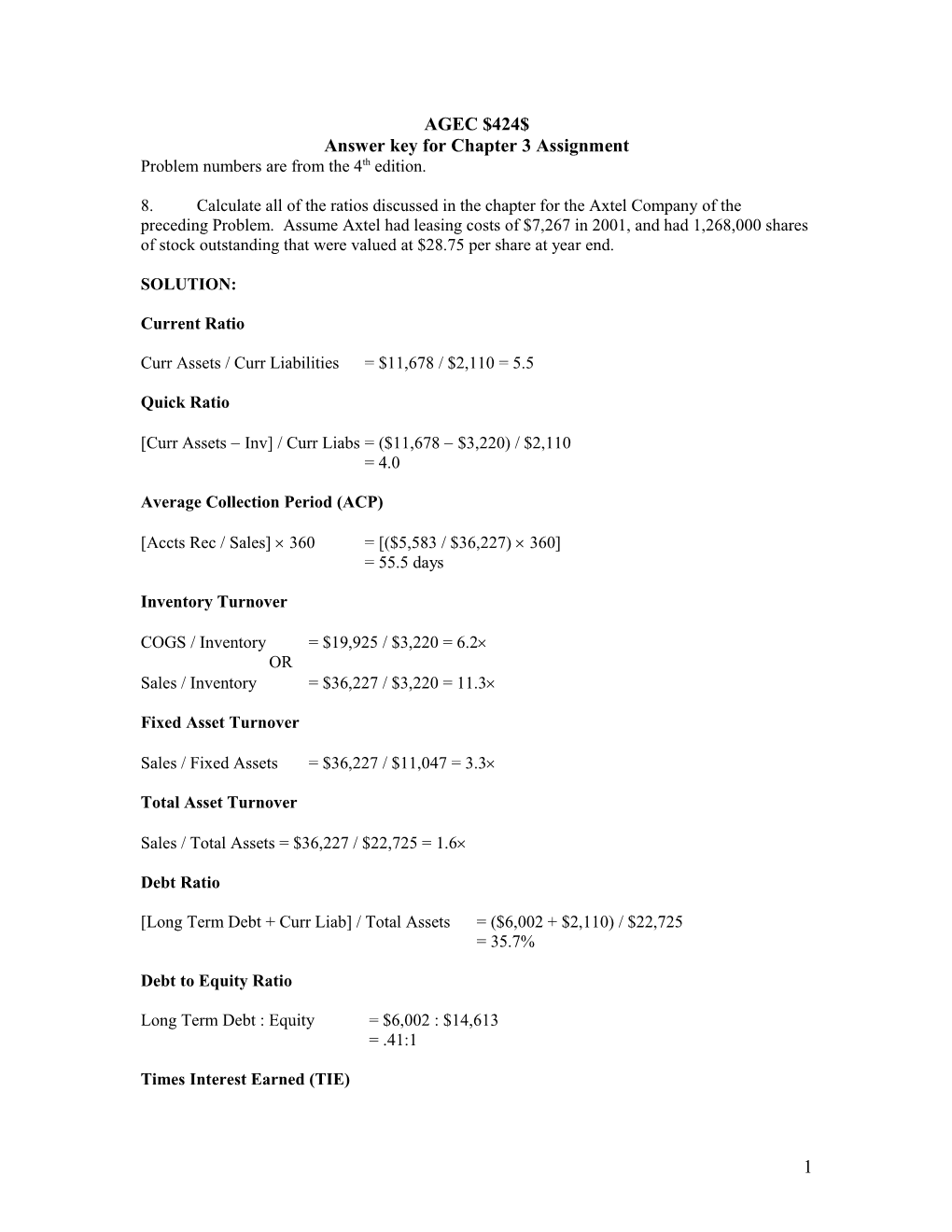 Answer Key for Chapter 3 Assignment