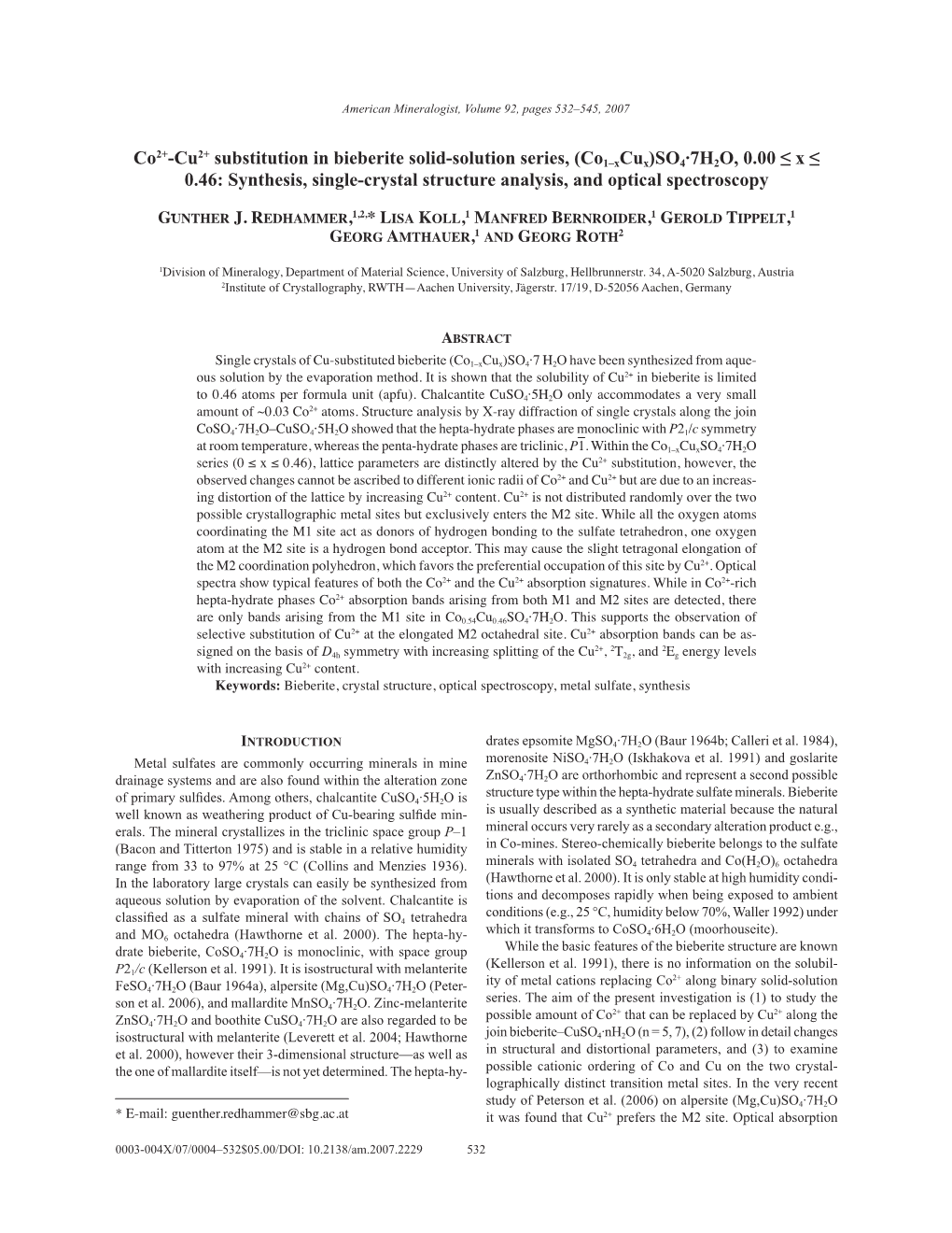 Co2+-Cu2+ Substitution in Bieberite Solid-Solution Series, (Co1œxcux)SO4‡7H2O, 0.00 ≤ X ≤ 0.46: Synthesis, Single-Crystal