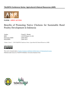 Benefits of Promoting Native Chickens for Sustainable Rural Poultry Development in Indonesia