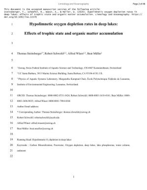 Hypolimnetic Oxygen Depletion Rates in Deep Lakes: Effects of Trophic State and Organic Matter Accumulation