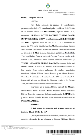 Poder Judicial De La Nación Olivos, 23 De Junio De 2021. AUTOS: Para Dictar Sentencia De Acuerdo Al Proc