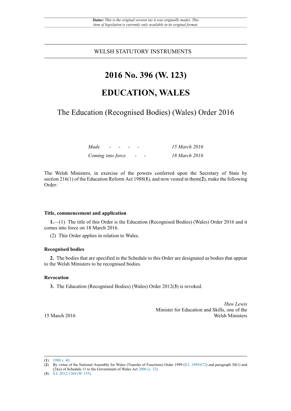 The Education (Recognised Bodies) (Wales) Order 2016