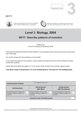 Level 3 Biology, 2004 90717 Describe Patterns of Evolution