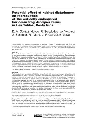 Potential Effect of Habitat Disturbance on Reproduction of the Critically Endangered Harlequin Frog Atelopus Varius in Las Tablas, Costa Rica