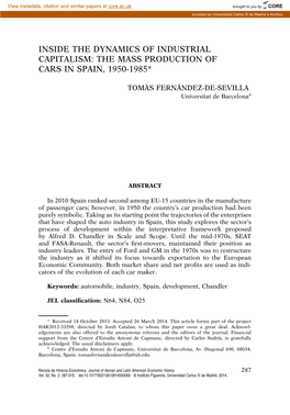 Inside the Dynamics of Industrial Capitalism: the Mass Production of Cars in Spain, 1950-1985*