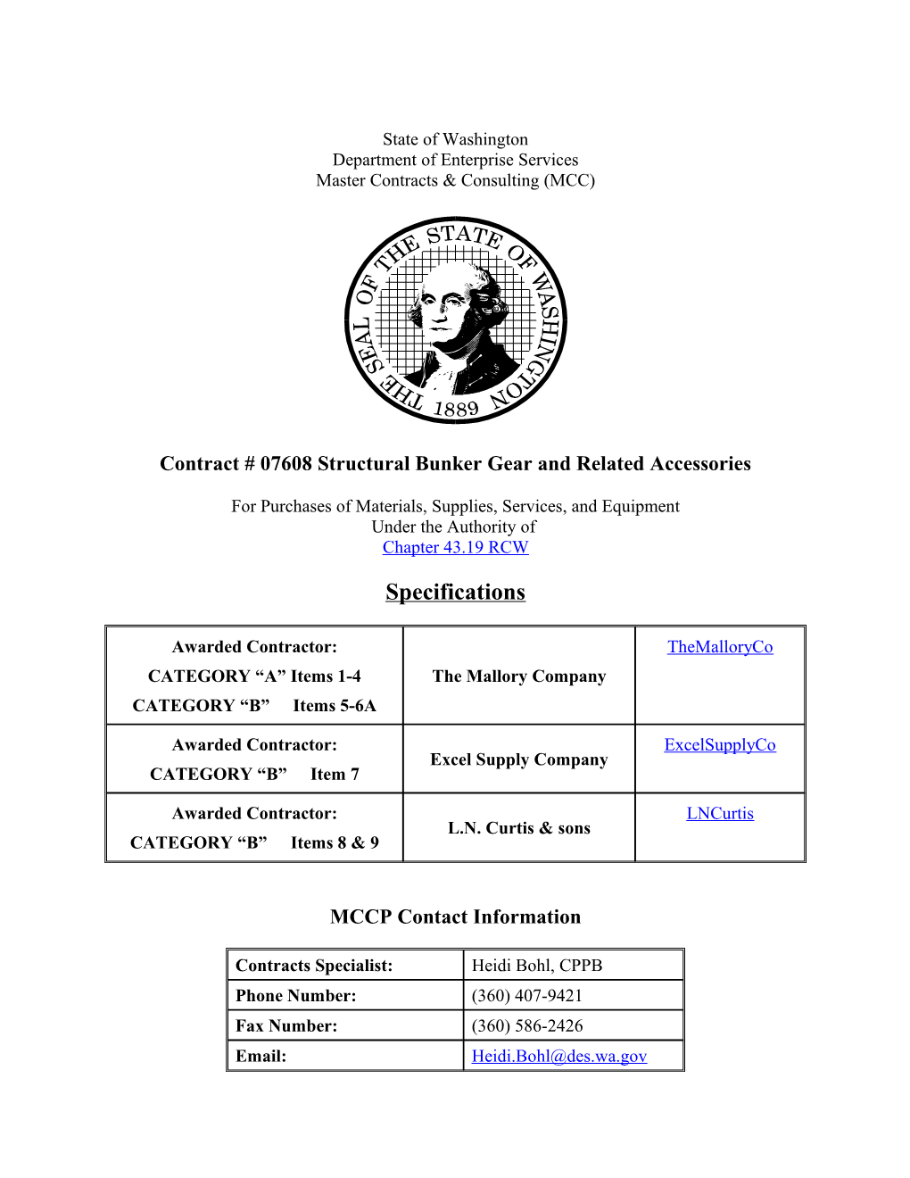 Contract No. 07608 Structural Bunker Gear and Related Accessories