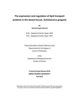 The Expression and Regulation of Lipid Transport Proteins in the Desert Locust, Schistocerca Gregaria