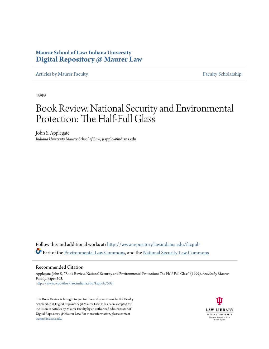 Book Review. National Security and Environmental Protection: the Alh F-Full Glass John S