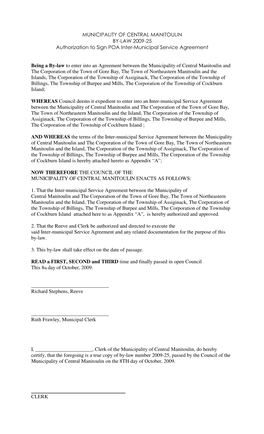 MUNICIPALITY of CENTRAL MANITOULIN BY-LAW 2009-25 Authorization to Sign POA Inter-Municipal Service Agreem Ent