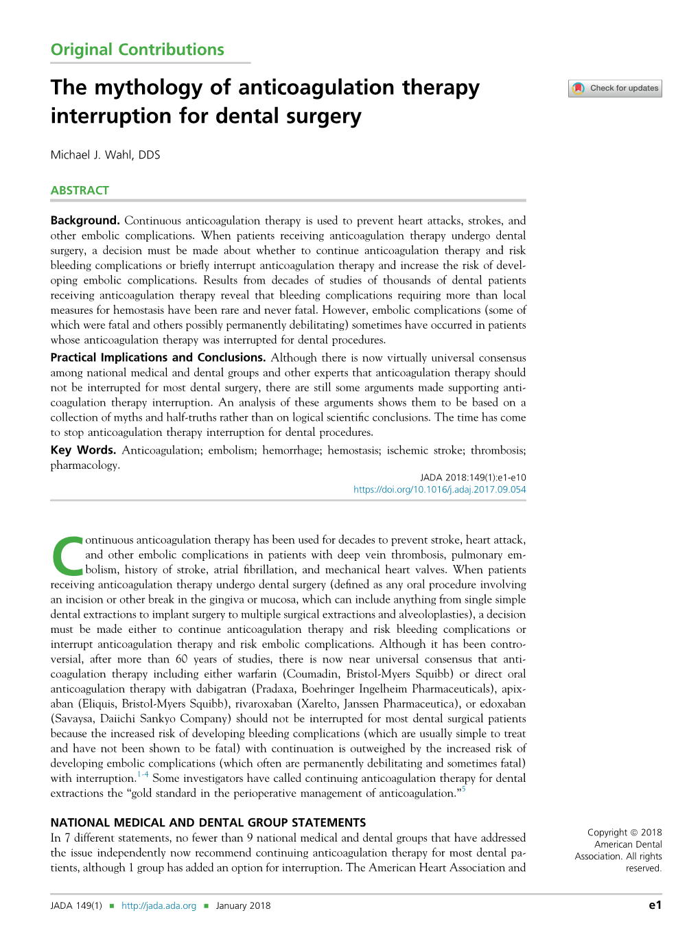 The Mythology of Anticoagulation Therapy Interruption for Dental Surgery