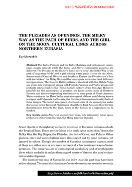 The Pleiades As Openings, the Milky Way As the Path of Birds, and the Girl on the Moon: Cultural Links Across Northern Eurasia