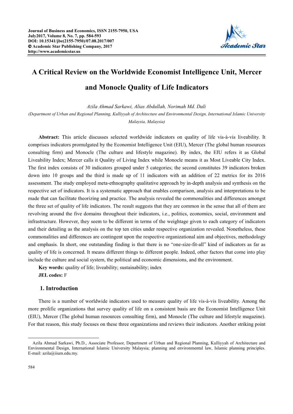A Critical Review on the Worldwide Economist Intelligence Unit, Mercer