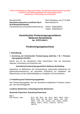 Vereinfachtes Flurbereinigungsverfahren Neitersen-Schöneberg Flurbereinigungsbeschluss