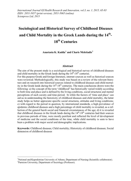 Sociological and Historical Survey of Childhood Diseases and Child Mortality in the Greek Lands During the 14Th- 18Th Centuries