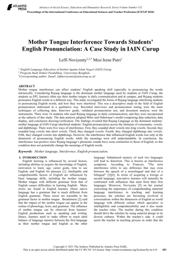 Mother Tongue Interference Towards Students' English Pronunciation: a Case Study in IAIN Curup