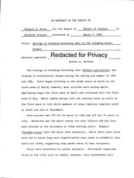 Ecology of Breeding Burrowing Owls in the Columbia Basin, Oregon