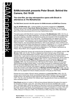 Bamcinématek Presents Peter Brook: Behind the Camera, Oct 10-20