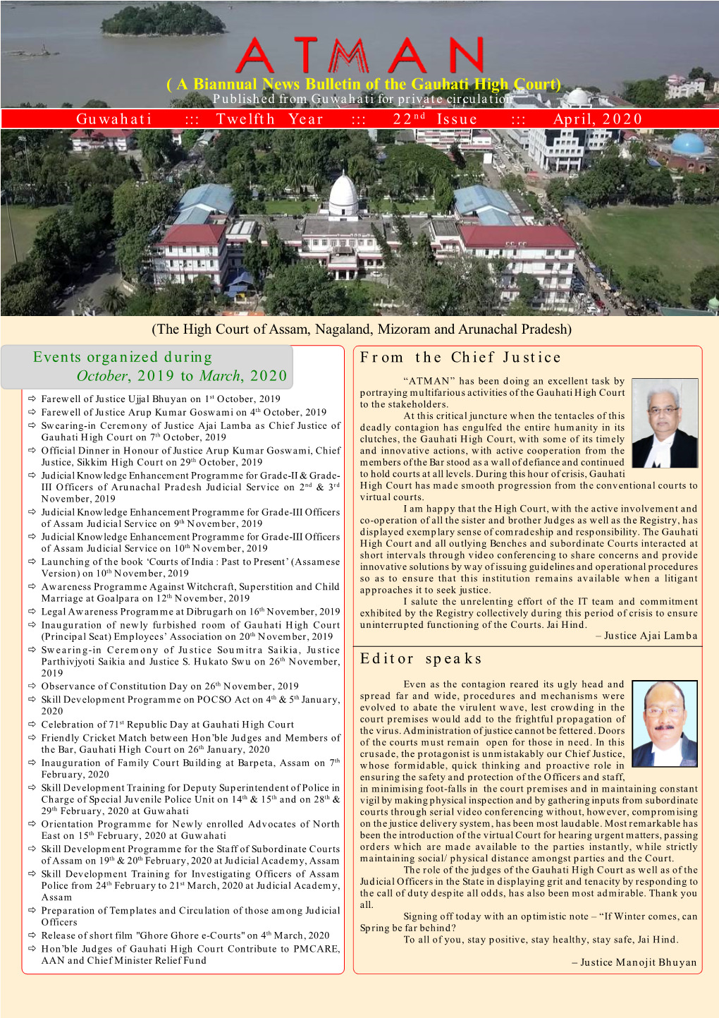 ( a Biannual News Bulletin of the Gauhati High Court) Published from Guwahati for Private Circulation Guwahati ::: Twelfth Year ::: 22Nd Issue ::: April, 2020