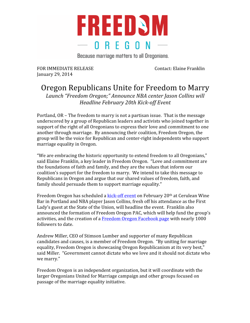Oregon Republicans Unite for Freedom to Marry Launch “Freedom Oregon;” Announce NBA Center Jason Collins Will Headline February 20Th Kick-Off Event