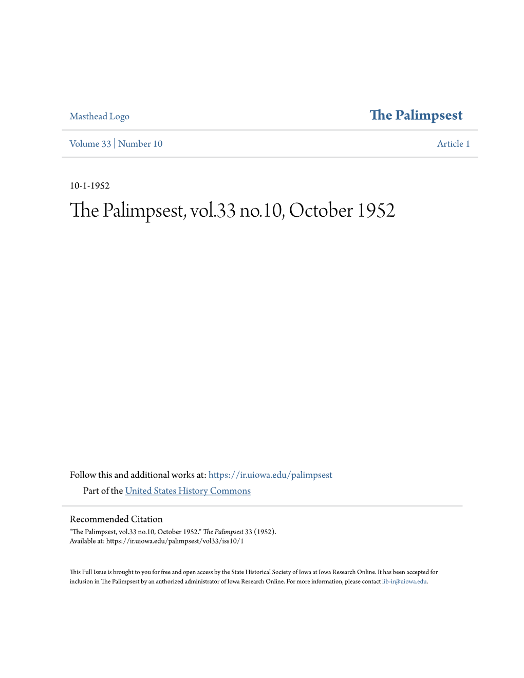 The Palimpsest, Vol.33 No.10, October 1952