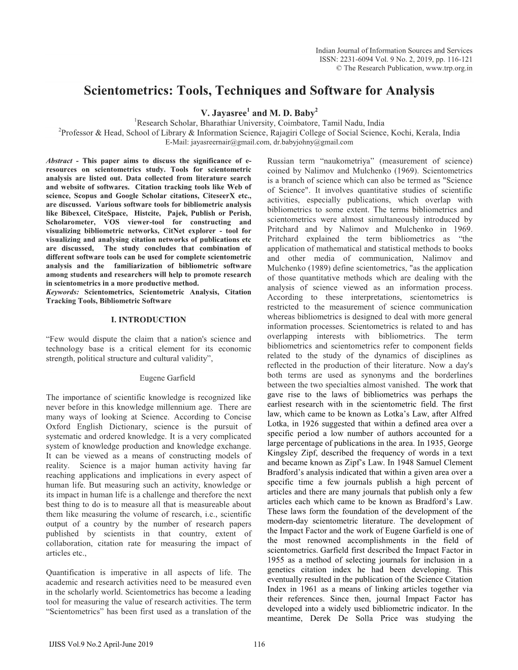 Scientometrics: Tools, Techniques and Software for Analysis