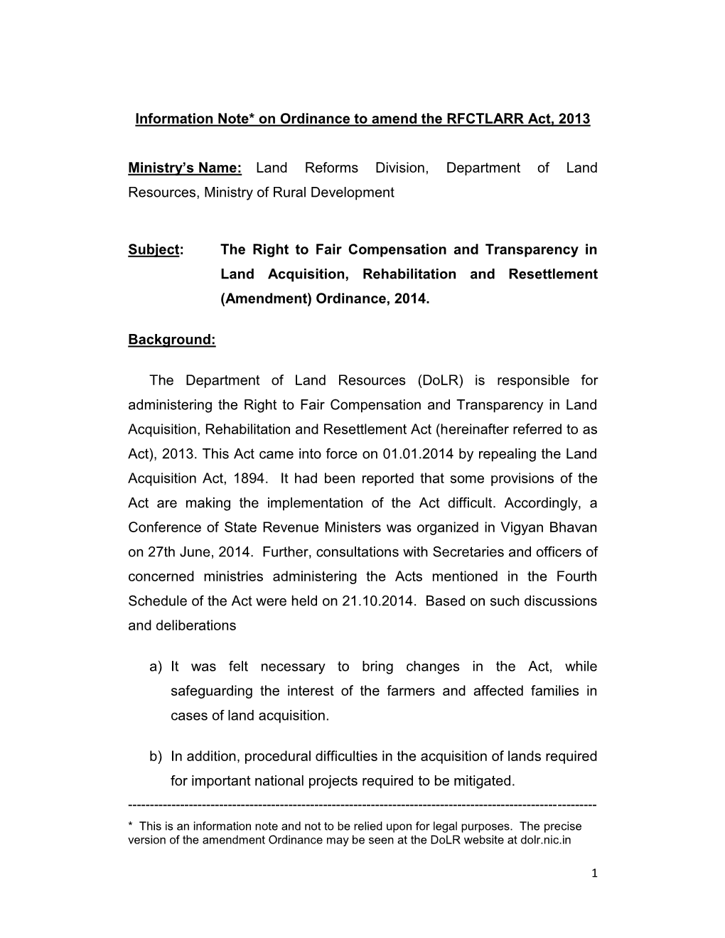 Information Note* on Ordinance to Amend the RFCTLARR Act, 2013