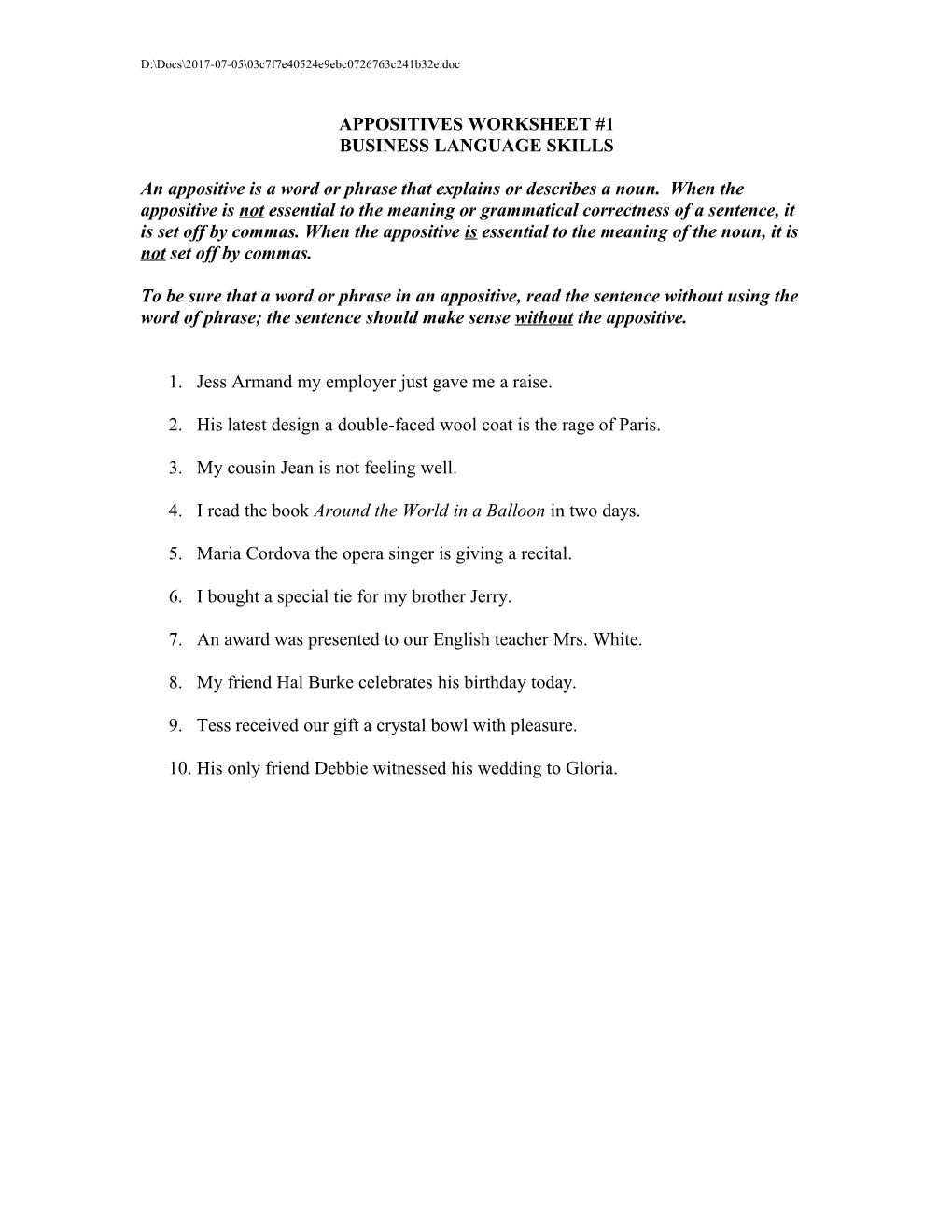 Appositives Worksheet #1