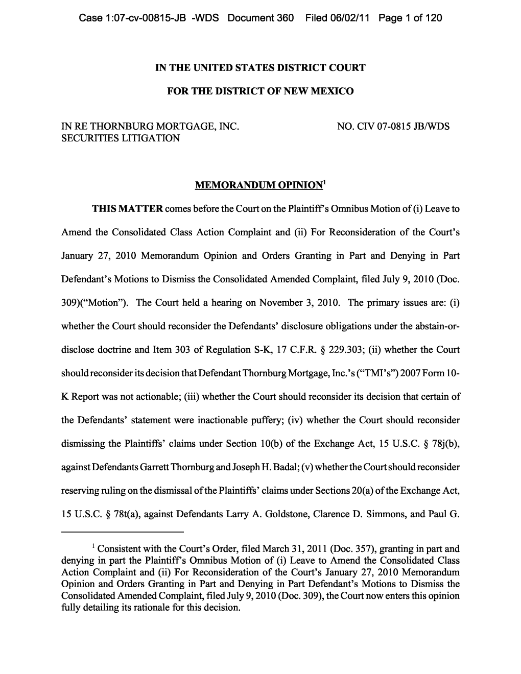 In Re: Thornburg Mortgage, Inc. Securities Litigation 07-CV-00815