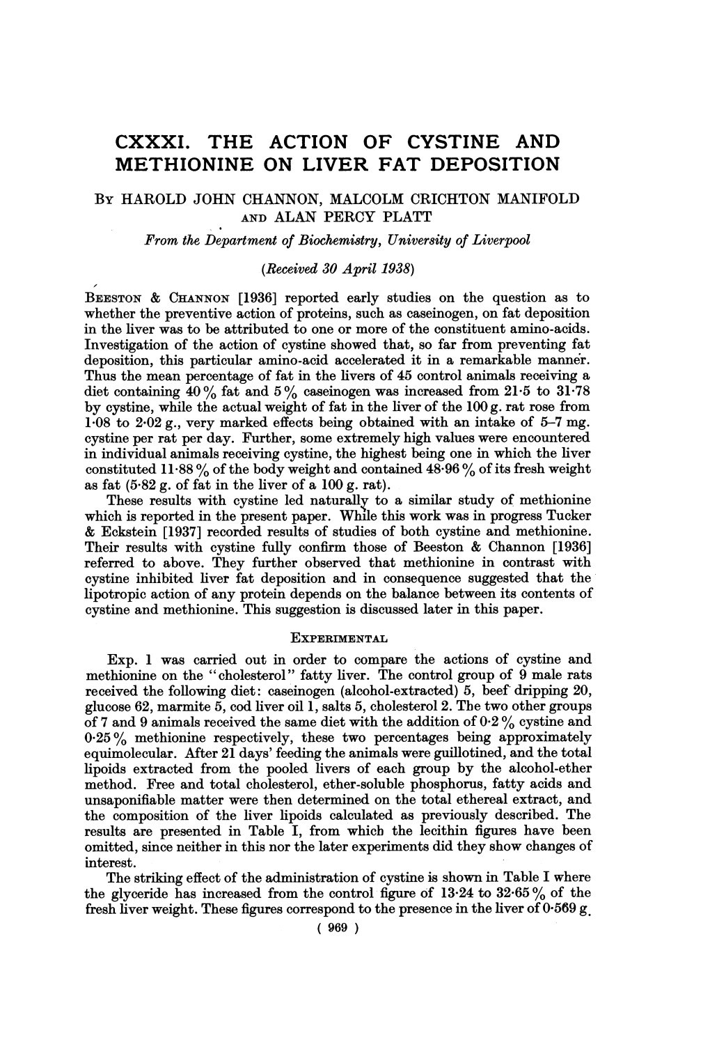 Cxxxi. the Action of Cystine and Methionine on Liver Fat