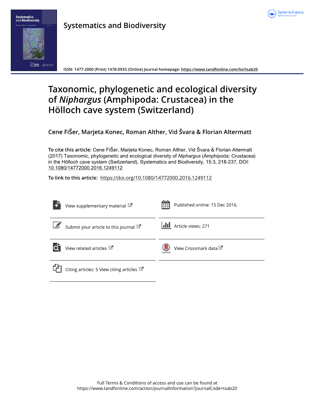 Taxonomic, Phylogenetic and Ecological Diversity of Niphargus (Amphipoda: Crustacea) in the Hölloch Cave System (Switzerland)