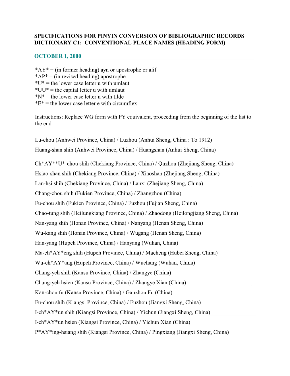 Dictionary C1: Conventional Place Names (Heading Form)