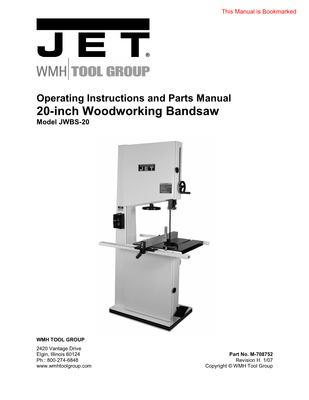 20-Inch Woodworking Bandsaw Model JWBS-20