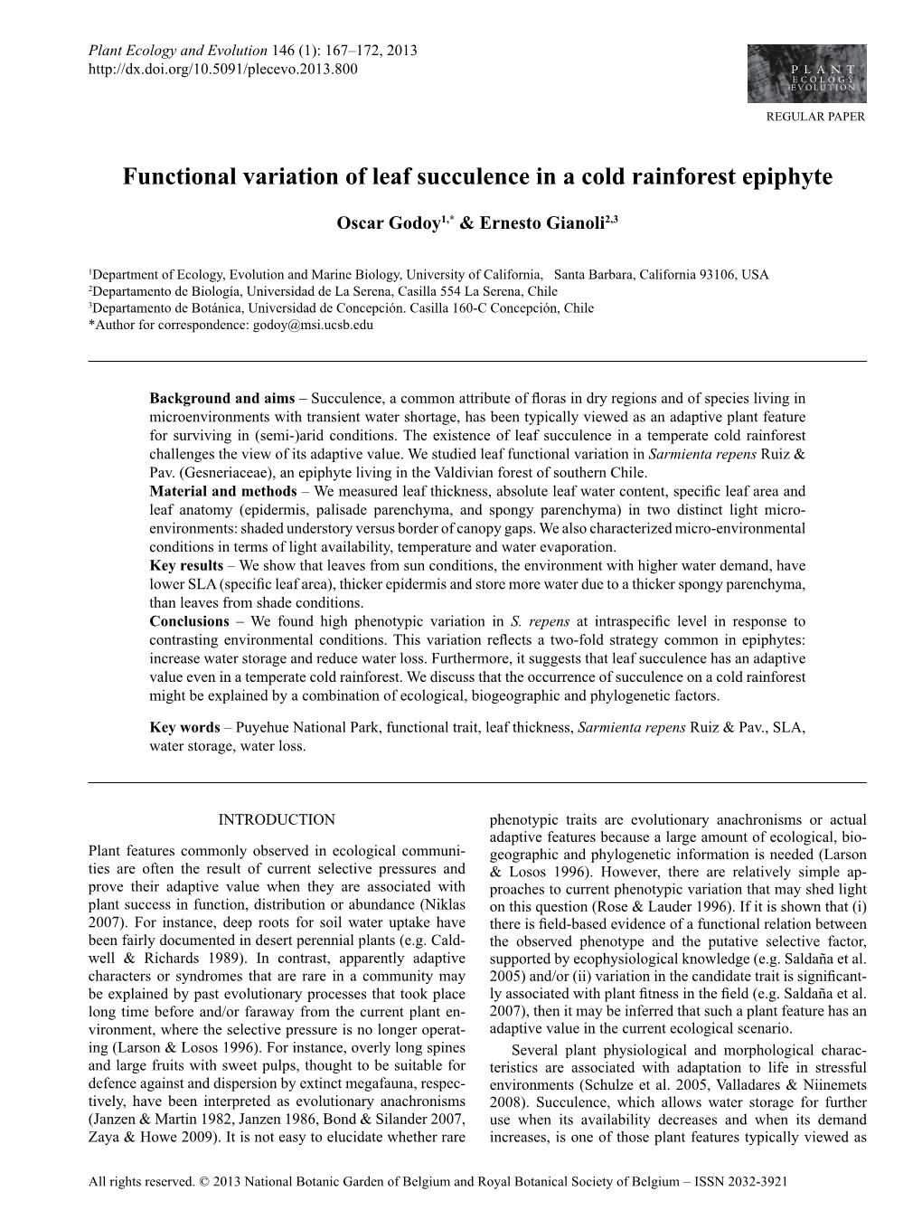 Functional Variation of Leaf Succulence in a Cold Rainforest Epiphyte