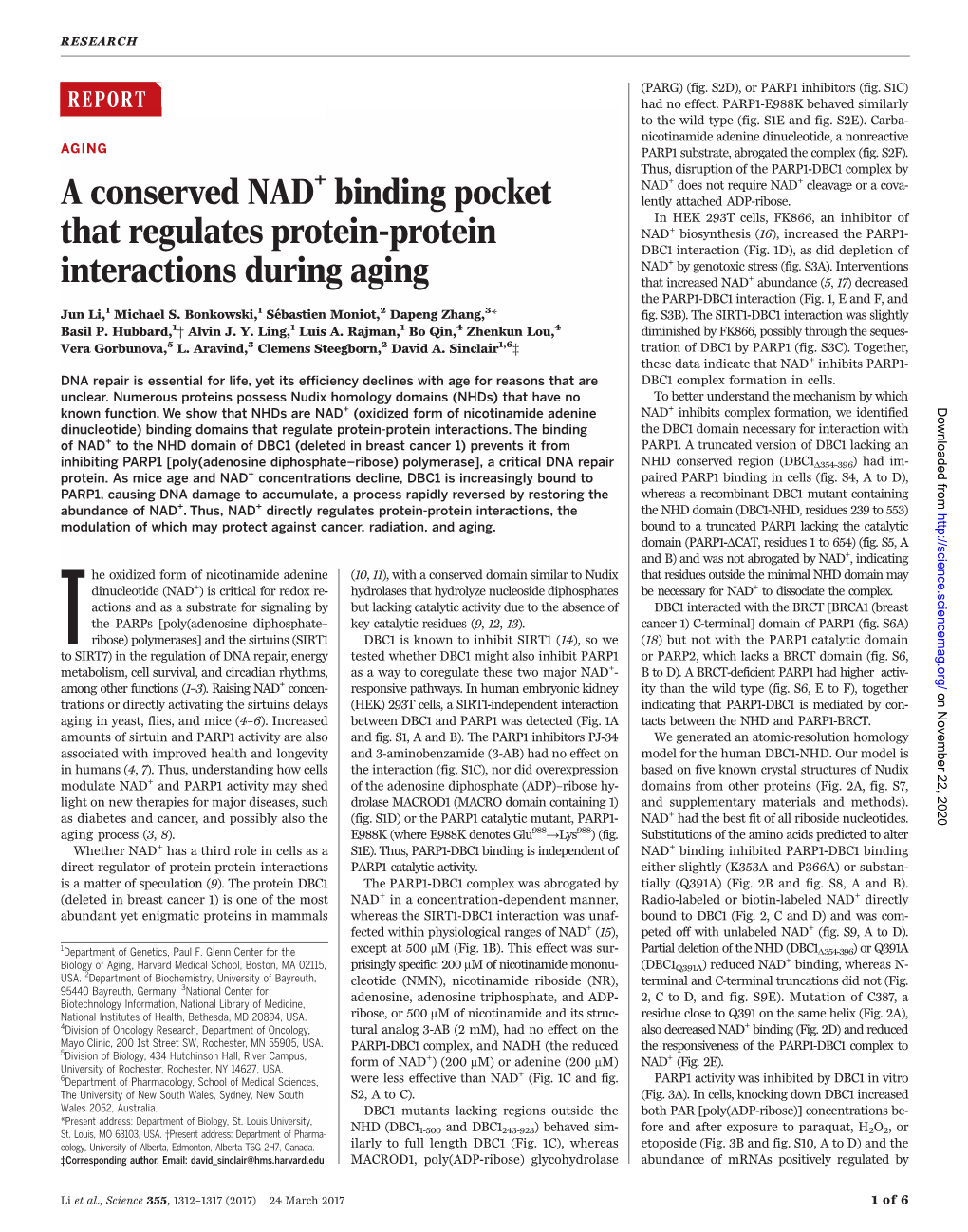 A Conserved NAD+ Binding Pocket That Regulates Protein-Protein Interactions During Aging Jun Li, Michael S