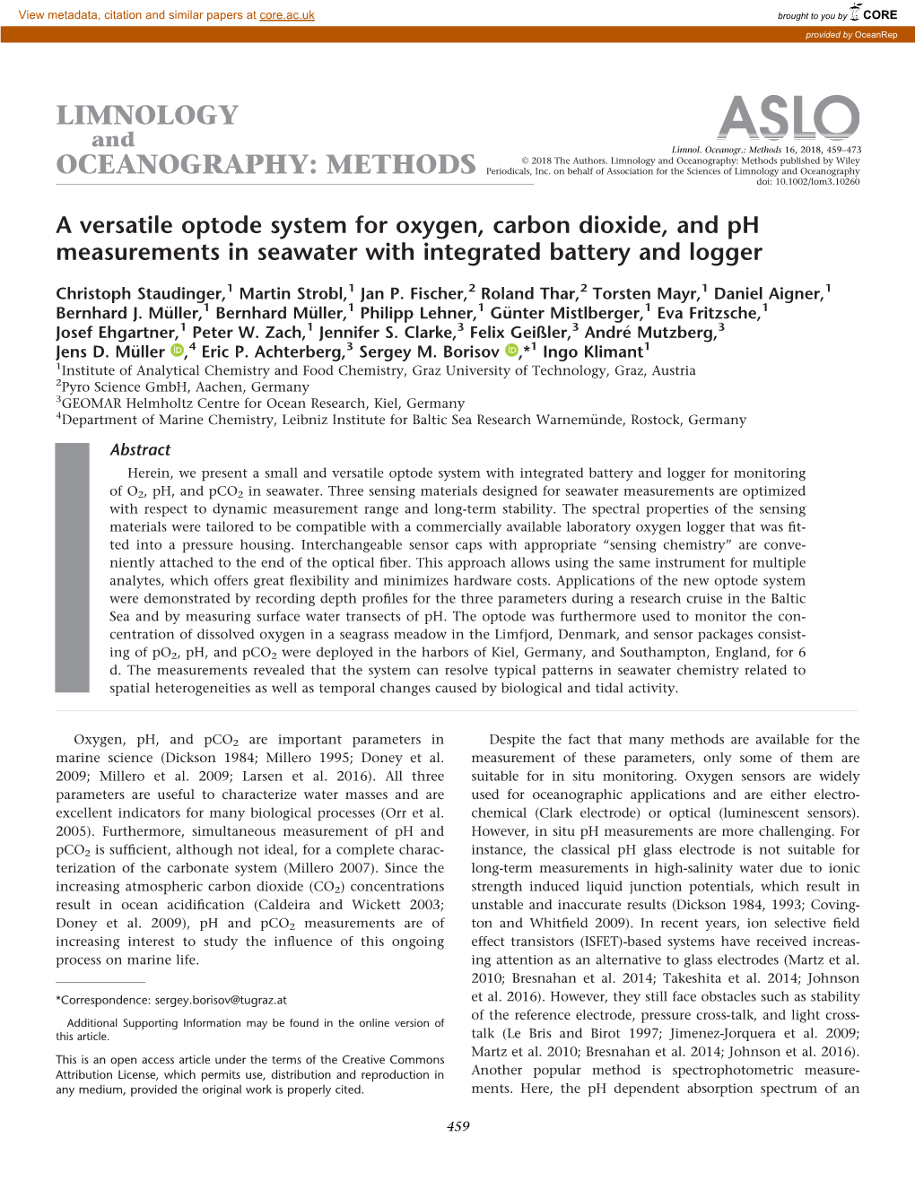 A Versatile Optode System for Oxygen, Carbon Dioxide, and Ph Measurements in Seawater with Integrated Battery and Logger